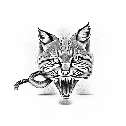 bobcat with snake in mouth tattoo design idea