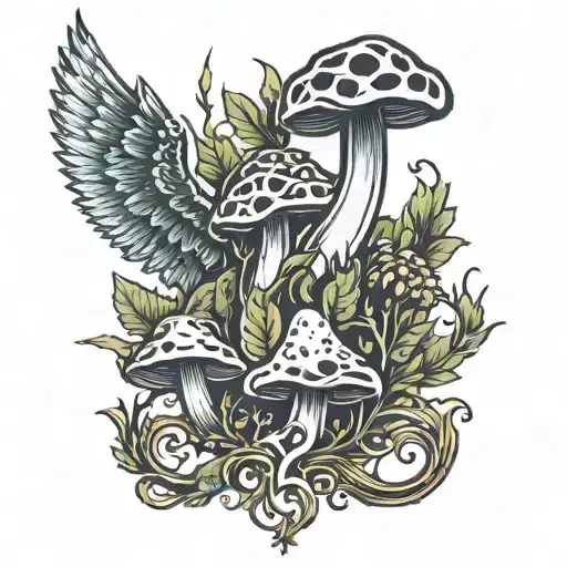shrooms and weed leaves forming steam rising Phoenix tattoo design idea