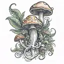 shrooms and weed leaves forming steam rising Phoenix tattoo design idea