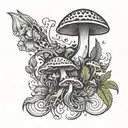 shrooms and weed leaves forming steam rising Phoenix tattoo design idea