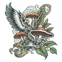 shrooms and weed leaves forming steam rising Phoenix tattoo design idea