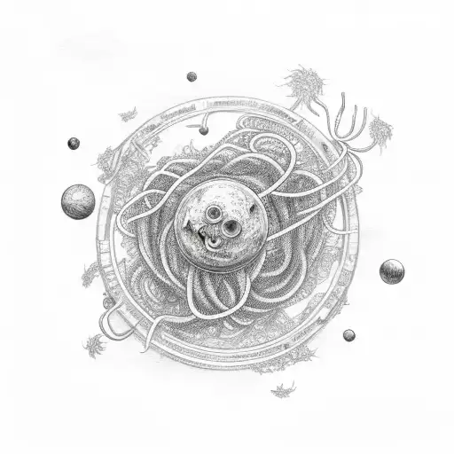 Flying Spaghetti Monster floating through space tattoo design idea