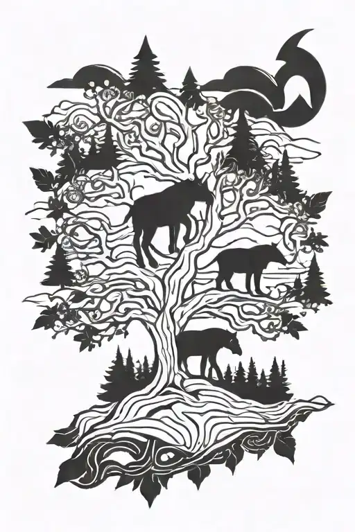 tree mountain animal tattoo design idea