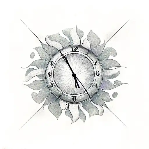 clock 11:48 am with sun tattoo design idea