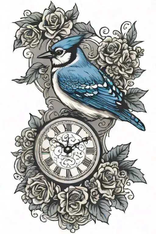 bluejay with clock and date 11 January  tattoo design idea