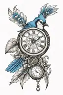 bluejay with clock and words tattoo design idea