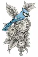bluejay with clock and words tattoo design idea
