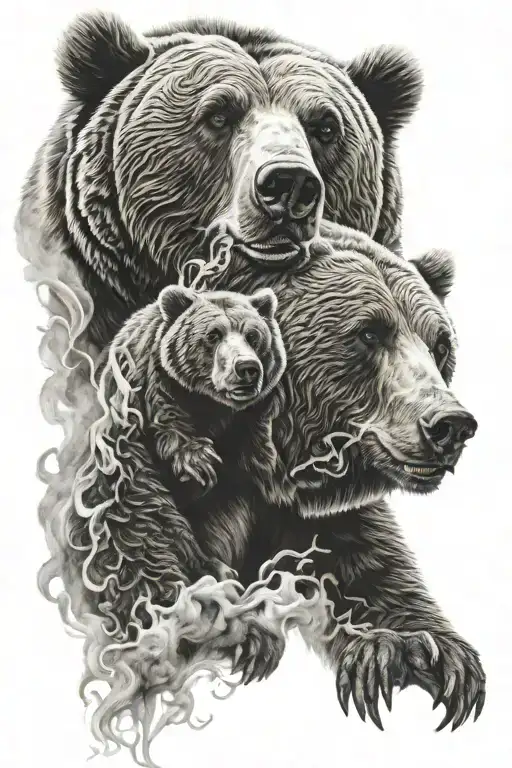 male grizzly bear with cub intertwined with smoke tattoo design idea
