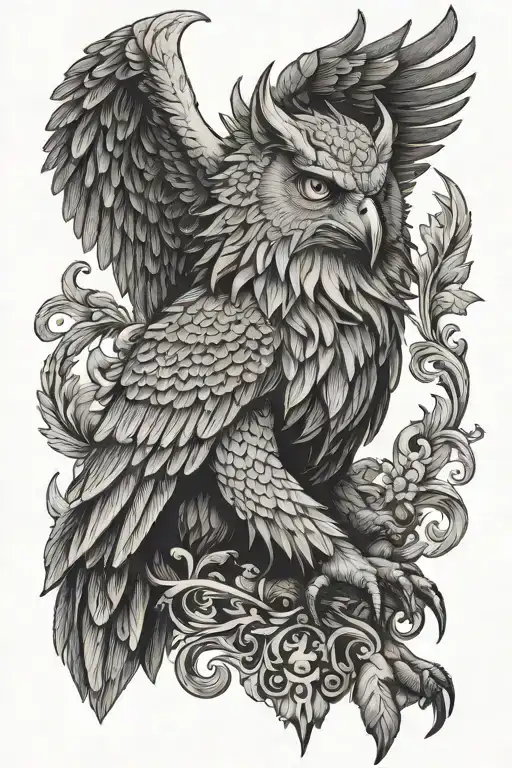 A mythical animal with wolf head and owl body, wings and claws, like a Griffin. tattoo design idea