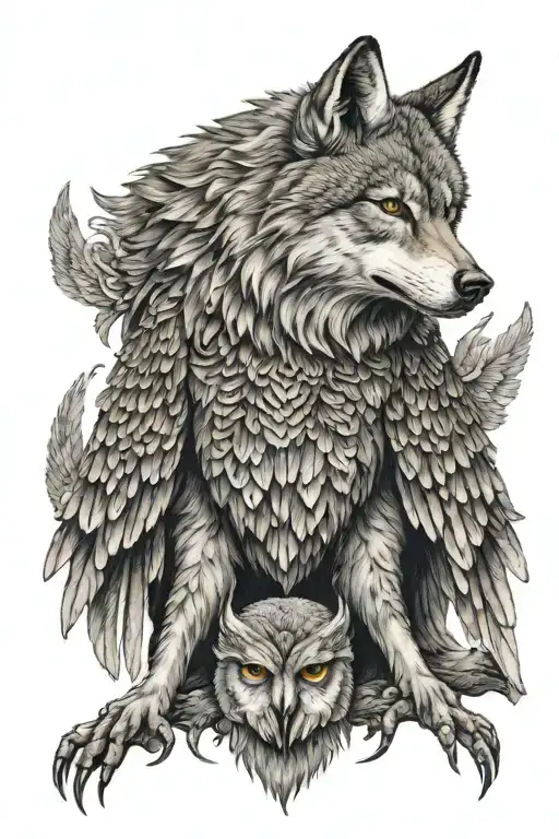 hybrid of wolf and owl, similar to a griffon, with wolf body and owl claws, head and wings. Full body.  tattoo design idea