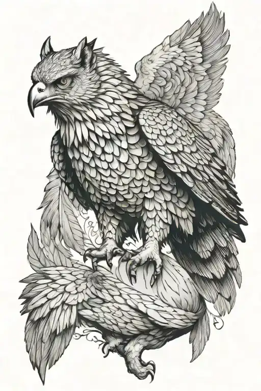 griffon looking animal made of wolf and owl. full body. majestic posture flying  tattoo design idea
