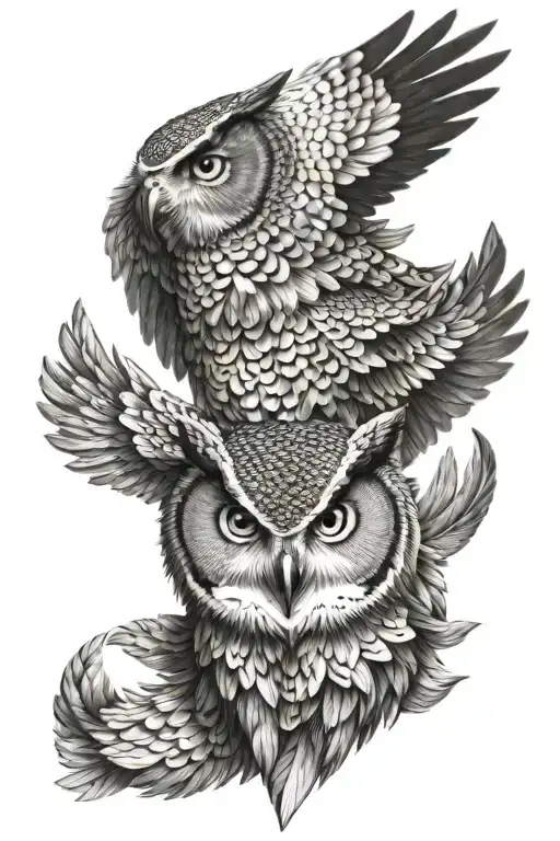 fantastic animal with wolf body, owl wings, owl head. full body. flying  tattoo design idea