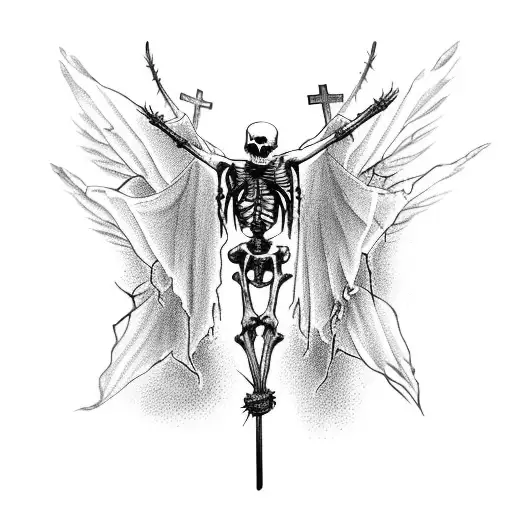 crucified skeleton body with crown of thorns and with flame-like wings from behind tattoo design idea