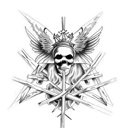 crucified skeleton with crown of thorns and with flame-like wings from behind tattoo design idea