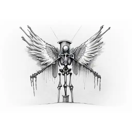 crucified skeleton with flame-like wings from behind tattoo design idea