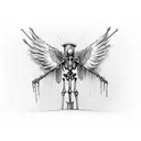 crucified skeleton with flame-like wings from behind tattoo design idea