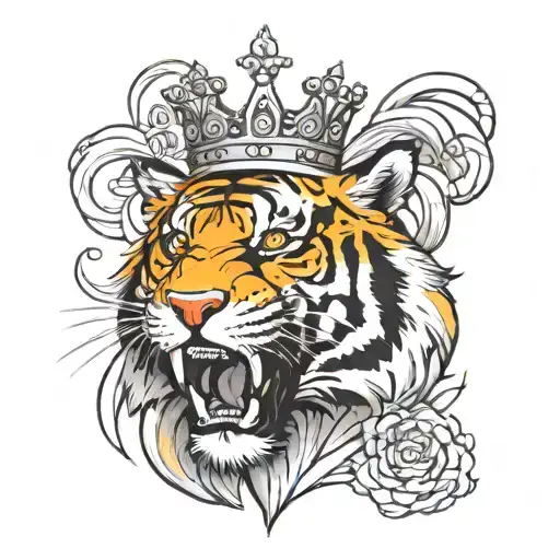 roaring tiger with crown surrounded tattoo design idea