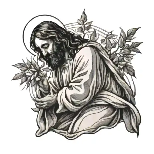 Jesus praying at an olive tree tattoo design idea