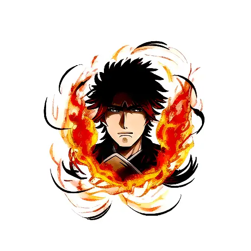 portrait of half of of Kyojuro Rengoku's face and half of Fuegoleon Vermillion's face surrounded by fire tattoo design idea
