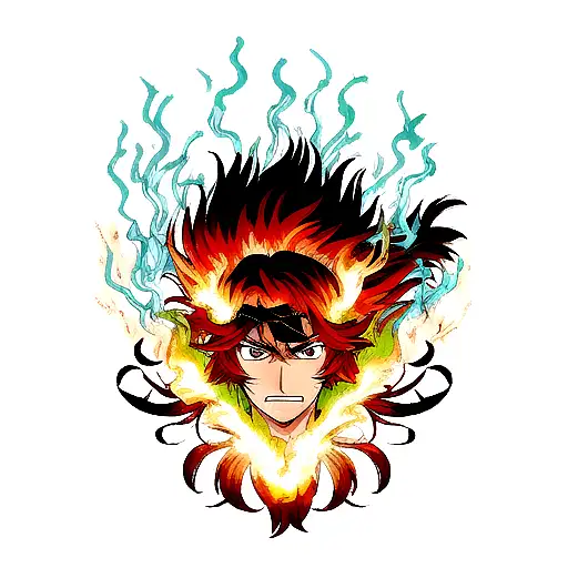 portrait of half of of Kyojuro Rengoku's face and half of Fuegoleon Vermillion's face surrounded by fire tattoo design idea