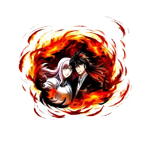 half and half portrait of Kyojuro Rengoku and Fuegoleon Vermillion surrounded by fire tattoo design idea