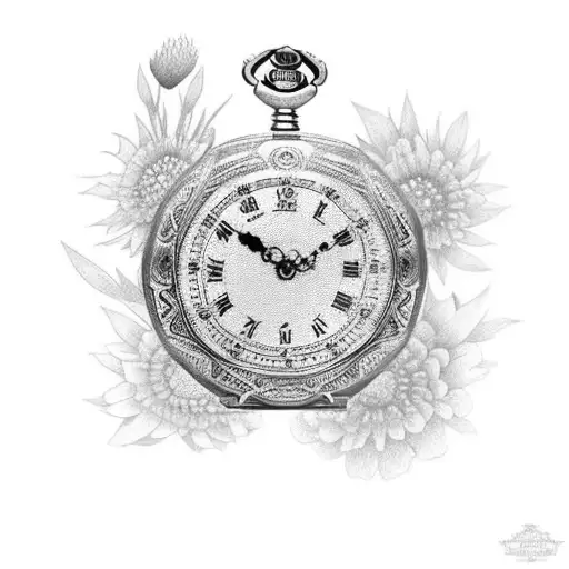 2 pocket watch's with asters and marigolds around it tattoo design idea