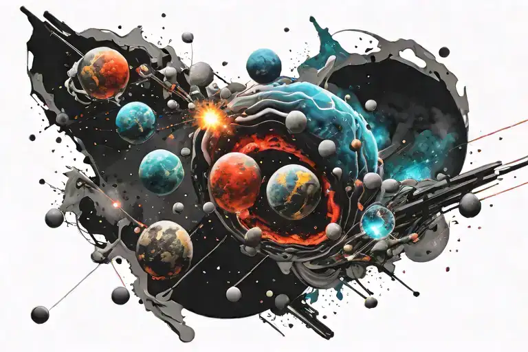 Generate a tattoo design of a nebula with several planets, stars, and asteroids fading into JavaScript code to the right tattoo design idea