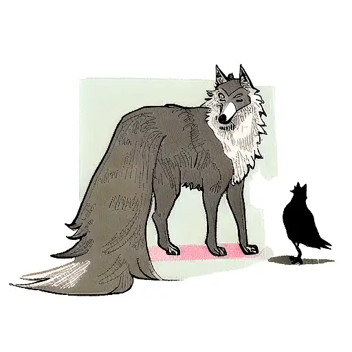 wolf and a crow grabado and soul arround theirs tattoo design idea