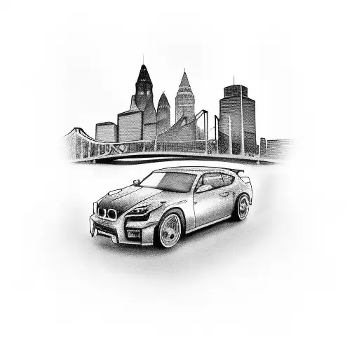 A gangster-inspired motorcycle with Cincinnati skyline in the background tattoo design idea