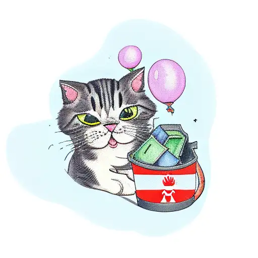 cute cat licking his paw, sitting in between garbage, with a textballoon that says "miauw", and a Hidden tunisian flag tattoo design idea