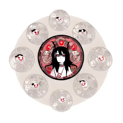 A tattoo of Itachi and Sasuke's Mangekyou Sharingan eyes surrounded by intricate blackwork patterns tattoo design idea