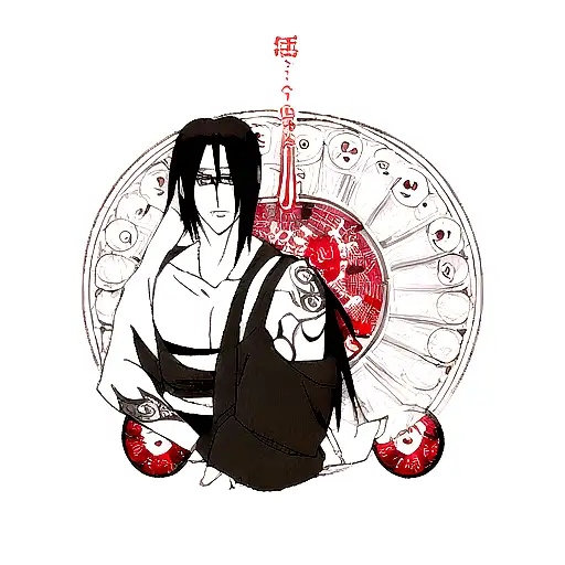 A tattoo of Itachi and Sasuke's Mangekyou Sharingan eyes surrounded by intricate blackwork patterns tattoo design idea