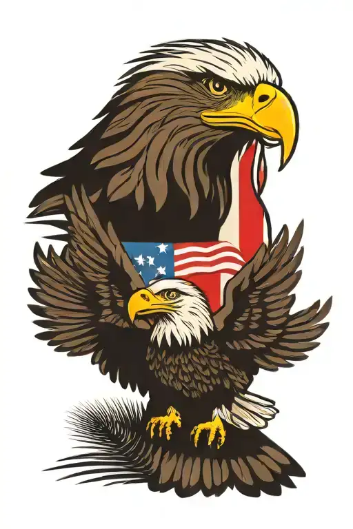 American Flag with bald eagle head holding a maltese cross with palm trees and beach tattoo design idea