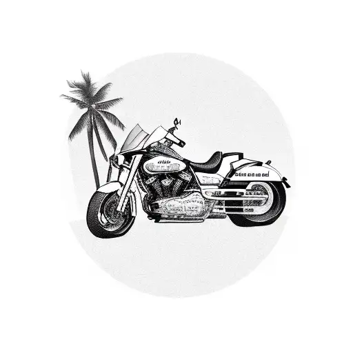 A tattoo design of a motorcycle performing moto piruetas with a backdrop of palm trees and dollar bills, incorporating elements of dotwork style tattoo design idea
