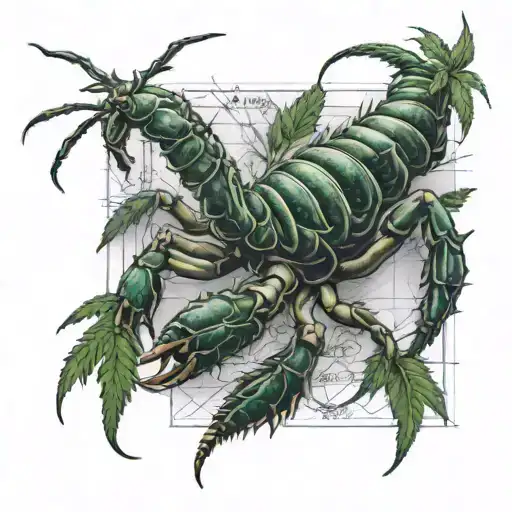 A realistic scorpion crawling out of a cannabis leaf, with an intricate engineering blueprint in the background tattoo design idea