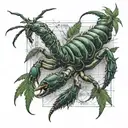 A realistic scorpion crawling out of a cannabis leaf, with an intricate engineering blueprint in the background tattoo design idea