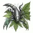 A realistic scorpion crawling out of a cannabis leaf, with an intricate engineering blueprint in the background tattoo design idea