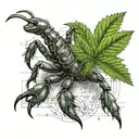 A realistic scorpion crawling out of a cannabis leaf, with an intricate engineering blueprint in the background tattoo design idea