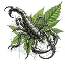 A realistic scorpion crawling out of a cannabis leaf, with an intricate engineering blueprint in the background tattoo design idea