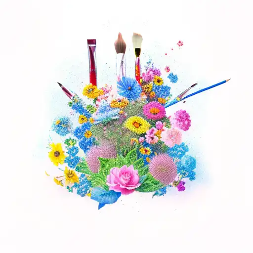 A whimsical paintbrush and pencil intertwined with vibrant flowers tattoo design idea
