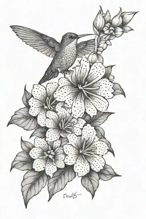 small humming bird and 3 flowers  tattoo design idea