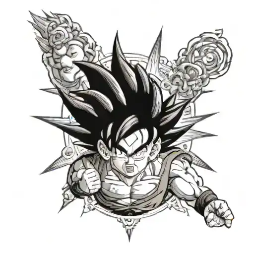 A dynamic and powerful Dragon Ball inspired sleeve tattoo featuring Goku in Super Saiyan 2 form, surrounded by energy blasts and iconic symbols from the series tattoo design idea