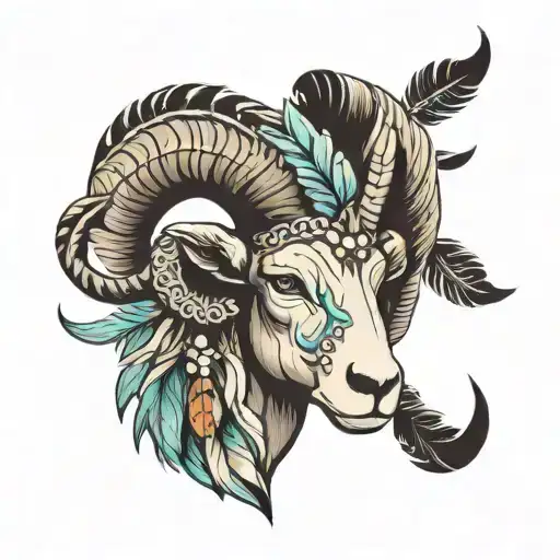 ram head with Indian feathers tattoo design idea