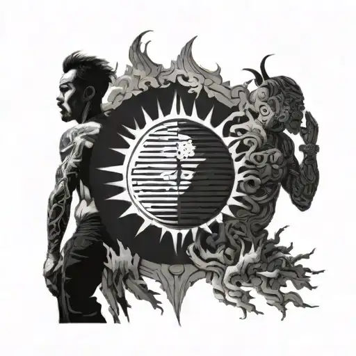 black and white performance of a giant rising sun, and in its shadow the image of 3 men Senso a man a king losing tattoo design idea