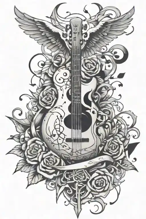 Create a tattoo combining elements of rock and roll with symbols of your high school choir teaching profession, such as a choir of musical notes surrounded by symbols of The Smashing Pumpkins and R.E.M. tattoo design idea