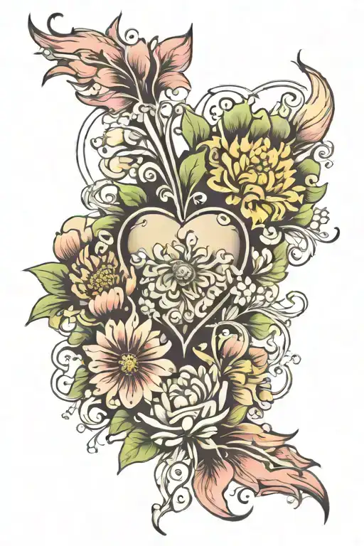 chrysanthemum and sweet pea flowers with a twin flame heart tattoo design idea