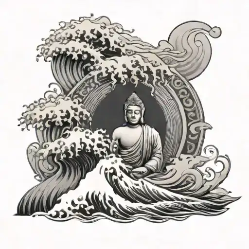 ocean wave with Buddha head tattoo design idea
