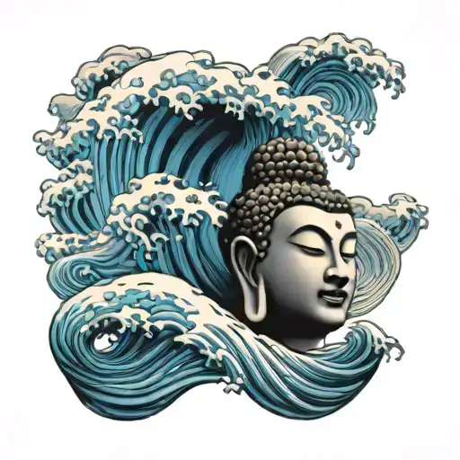 ocean wave with Buddha head tattoo design idea