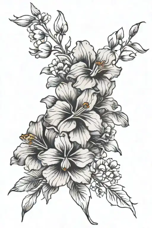 morning glory iris cherry blossom marigold flowers simple bouquet fine line  tattoo design idea