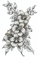 morning glory iris cherry blossom marigold flowers simple bouquet fine line  tattoo design idea